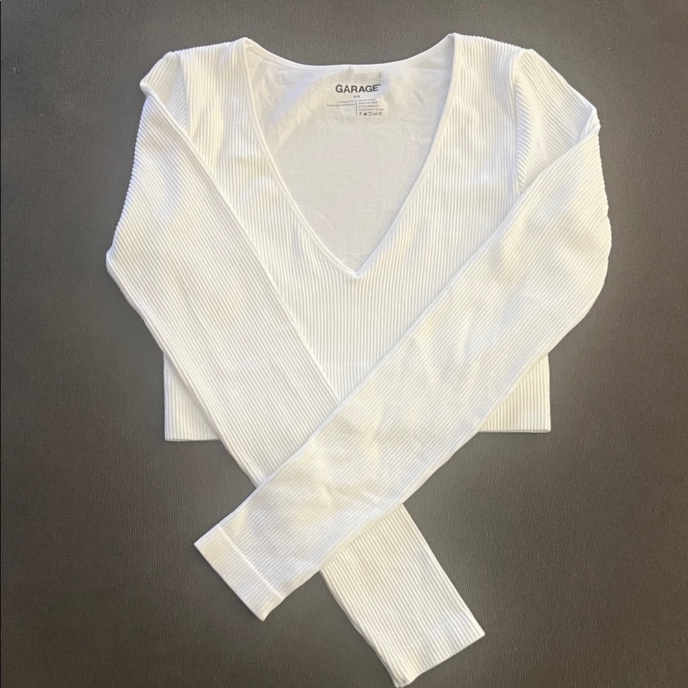 Garage White Ribbed Long Sleeve V-Neck